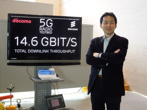図1 NTTドコモは5Gの`Y性Δ任△10Gbpsを2016Qにすでに実xでuている 笋脇閏匱更毀鱠^で5Gイノベーション推進室長の中 筆v撮影