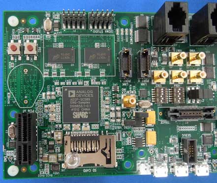 図1 ARMコアとデュアルDSPコアSHARC+を集積したAnalog Devices のSoC 真ん中にあるjきなBGAパッケージのIC(19mm角)